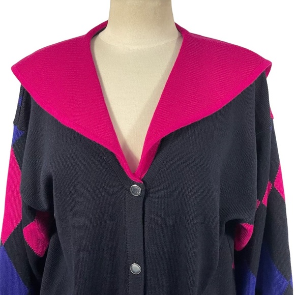 Vintage Laurel By Escada Wool Black Pink Blue Harlequin Diamond Cardigan Sz 42 - Picture 2 of 13